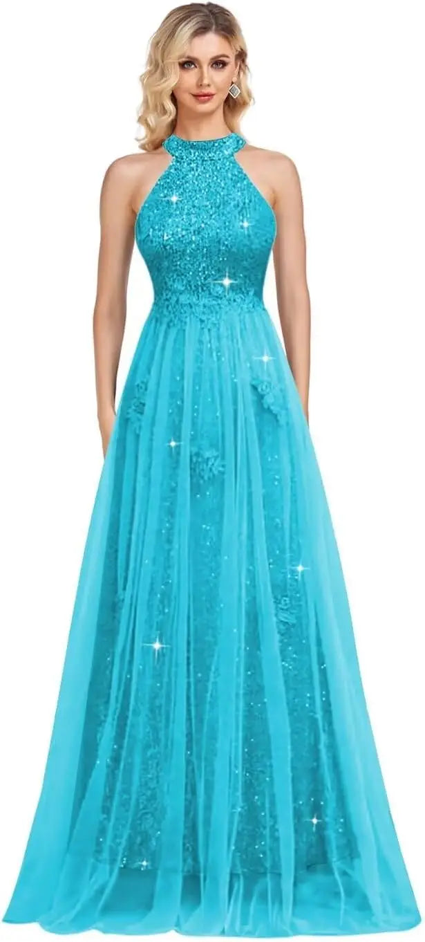 Vestidos de fiesta de lentejuelas con cuello halter y flores, hechos a medida, 2025, de tul brillante, corte A, para boda, fiesta formal de noche 