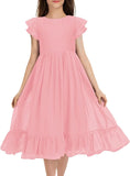 Girls Elegant Lace Flower Crew Neck Ruffle Chiffon A-Line Flowy Birthday Party Midi Dress ball gown  princess dress