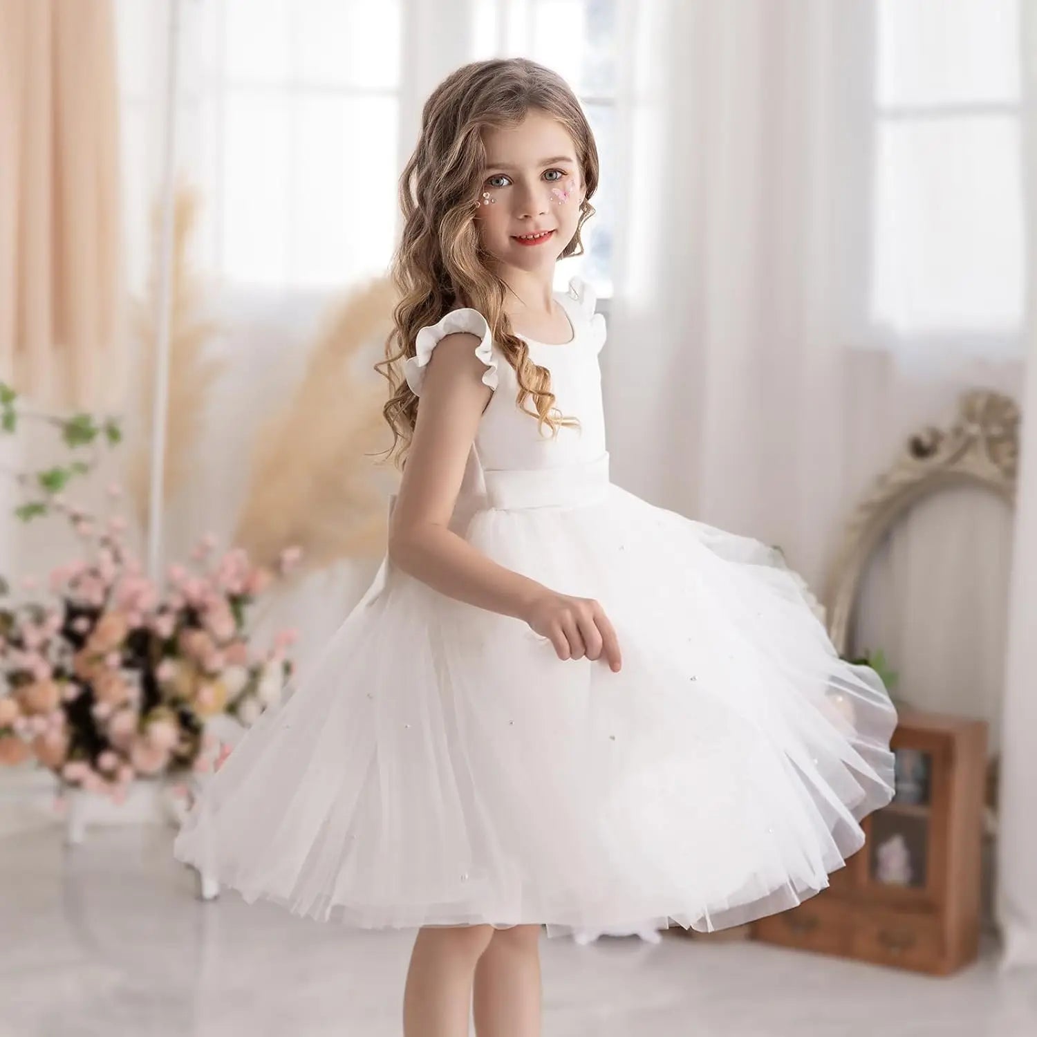 Flower Girl Dress Wedding Guest Ruffle Tulle Satin Party Birthday Princess Pageant Gown Kids Knee Length