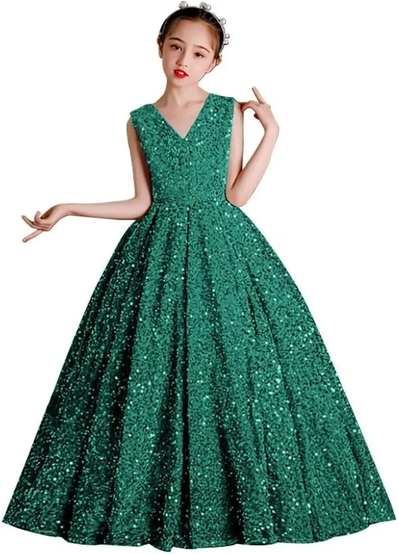 Vestidos de desfile con lentejuelas y cuello en V para niñas, vestidos de baile brillantes para niñas de las flores, vestidos de princesa para niñas pequeñas, vestido de comunión 