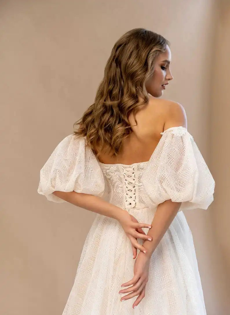 Spitze besticktes Hochzeitskleid Laternenärmel Kleider Nude Boho Brautkleid Korsett Custom Hochzeitskleid schlichtes Brautkleid 