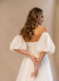Spitze besticktes Hochzeitskleid Laternenärmel Kleider Nude Boho Brautkleid Korsett Custom Hochzeitskleid schlichtes Brautkleid 