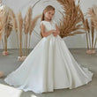 Satin Beaded Floor Length Girls Kids Birthday Princess Party Communion Party Gowns White Sequins Flower Girl Dresses for Wedding