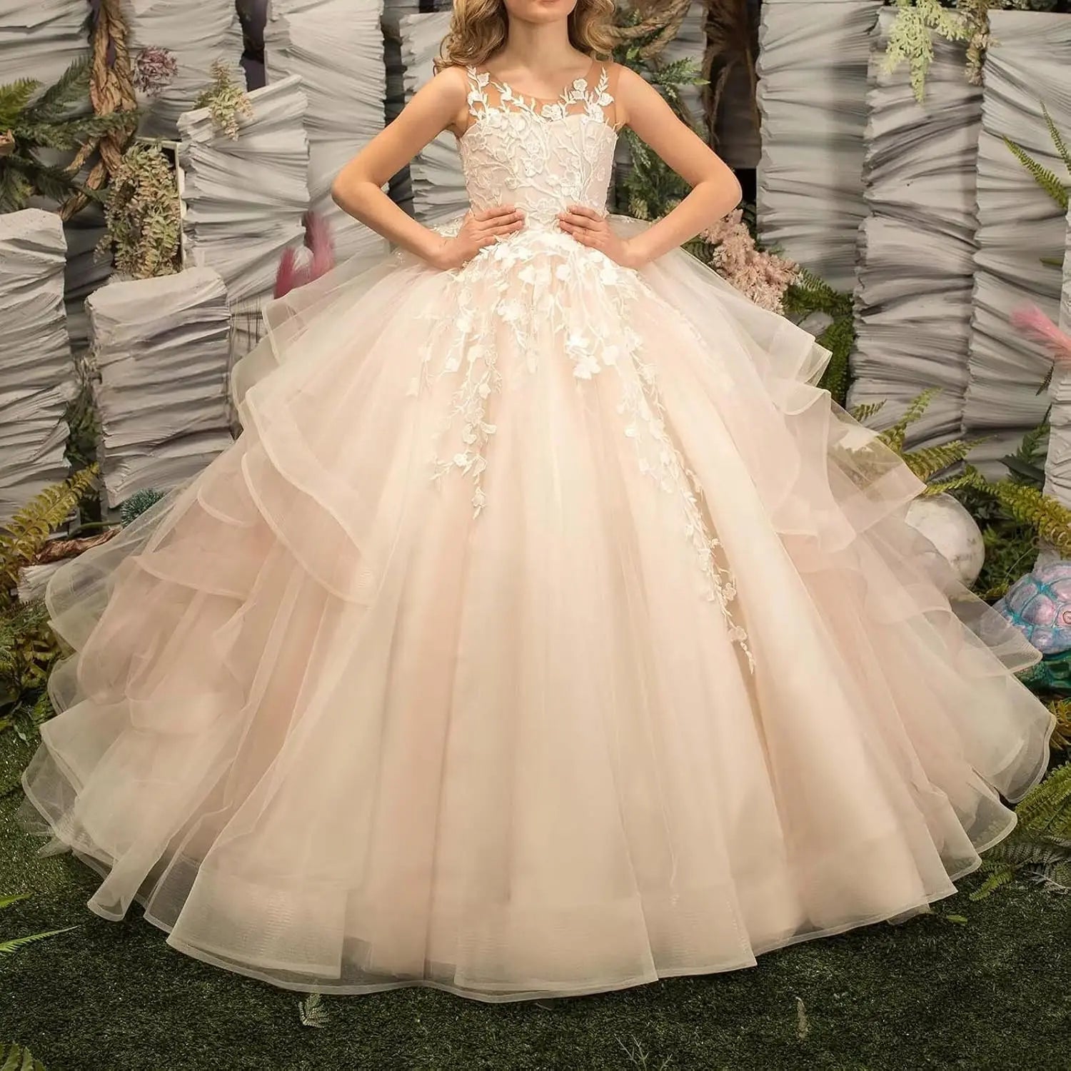 Tüll Prinzessin Ärmellose Festzugskleider Lange Spitze Applique Blumenmädchen Kleid Kinder Geburtstagsparty Ballkleid Festzugskleider 
