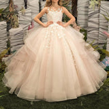 Tüll Prinzessin Ärmellose Festzugskleider Lange Spitze Applique Blumenmädchen Kleid Kinder Geburtstagsparty Ballkleid Festzugskleider 