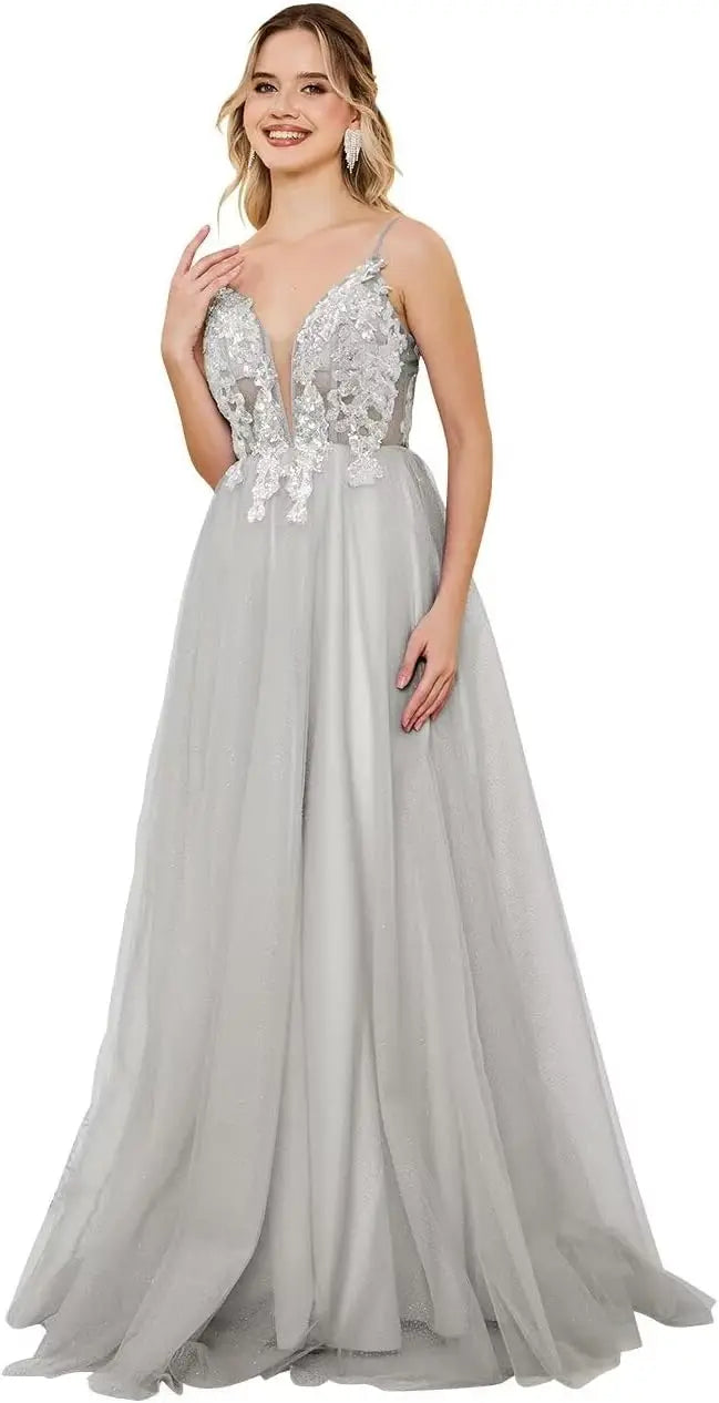 Vestidos de fiesta de tul con escote en V profundo para mujer, tirantes finos, apliques de encaje, vestidos de noche largos de corte A 