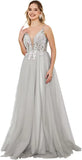 Vestidos de fiesta de tul con escote en V profundo para mujer, tirantes finos, apliques de encaje, vestidos de noche largos de corte A 