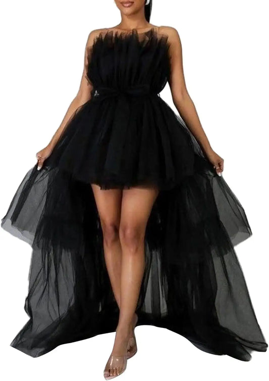 High Low Tüll-Ballkleid für Damen, elegantes, schulterfreies, fließendes A-Linien-Minikleid, Cocktailparty-Abendkleid 