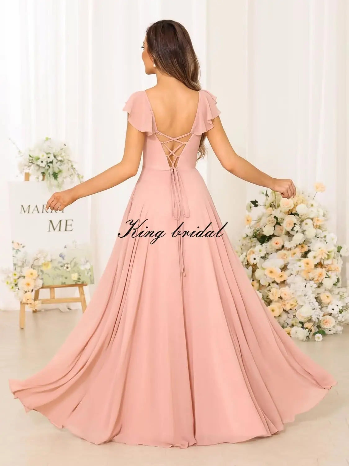Women's Cap Sleeves Chiffon Bridesmaid Dresses Long with Pockets Ruffle Formal Evening Dresses with Slit Wedding Party Gowns