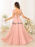 Women's Cap Sleeves Chiffon Bridesmaid Dresses Long with Pockets Ruffle Formal Evening Dresses with Slit Wedding Party Gowns