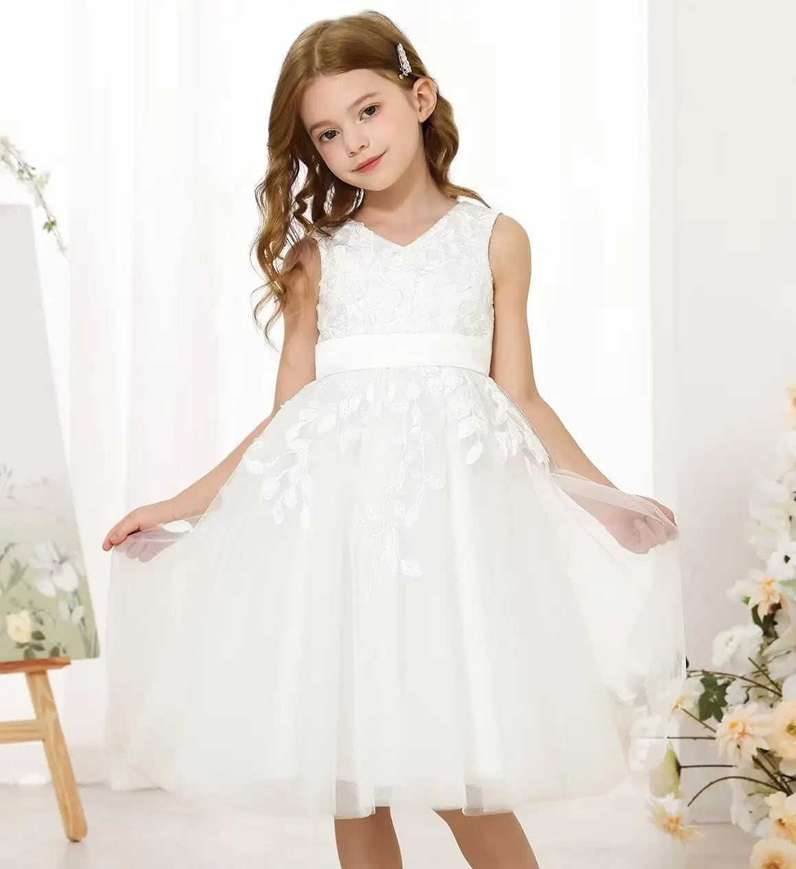 Lace Flower Girl Dresses for Wedding Kids Puffy Tulle Communion Dress Pageant Party Prom Ball Gowns with Bow Knot