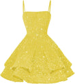 Kurze Pailletten-Heimkehrkleider für Teenager 2025, glitzernde Spaghettiträger, Sweet 16-Abschlussball-Cocktailkleid, Ballkleid, Partykleider 