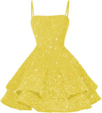 Kurze Pailletten-Heimkehrkleider für Teenager 2025, glitzernde Spaghettiträger, Sweet 16-Abschlussball-Cocktailkleid, Ballkleid, Partykleider 
