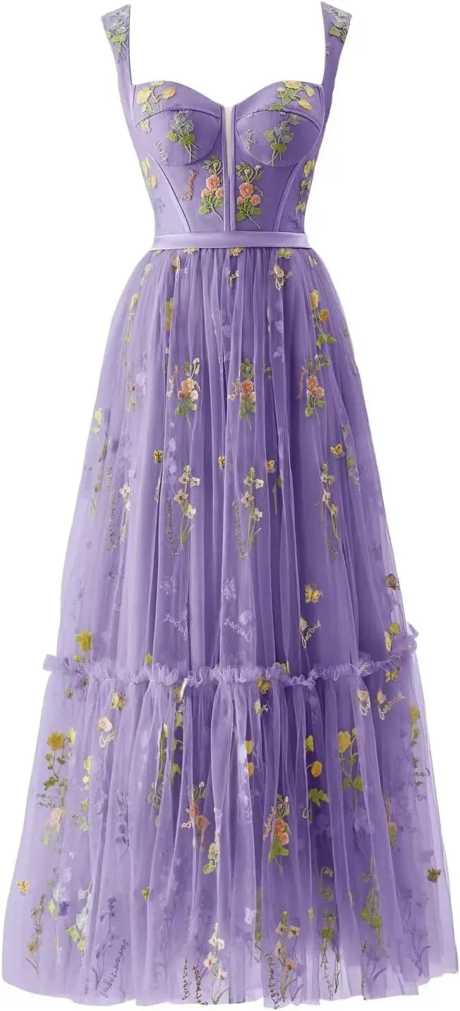 Custom Made Women's Flower Embroidery Tulle Prom Dresses Tea Length Corset A Line Fairy Formal Evening Party Gown Bridesmaid