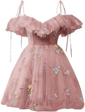 Blumenstickerei Tüll Kurze Heimkehrkleider für Teenager Mini Fee V-Ausschnitt Formales Abschlussball-Cocktailpartykleid 2025 