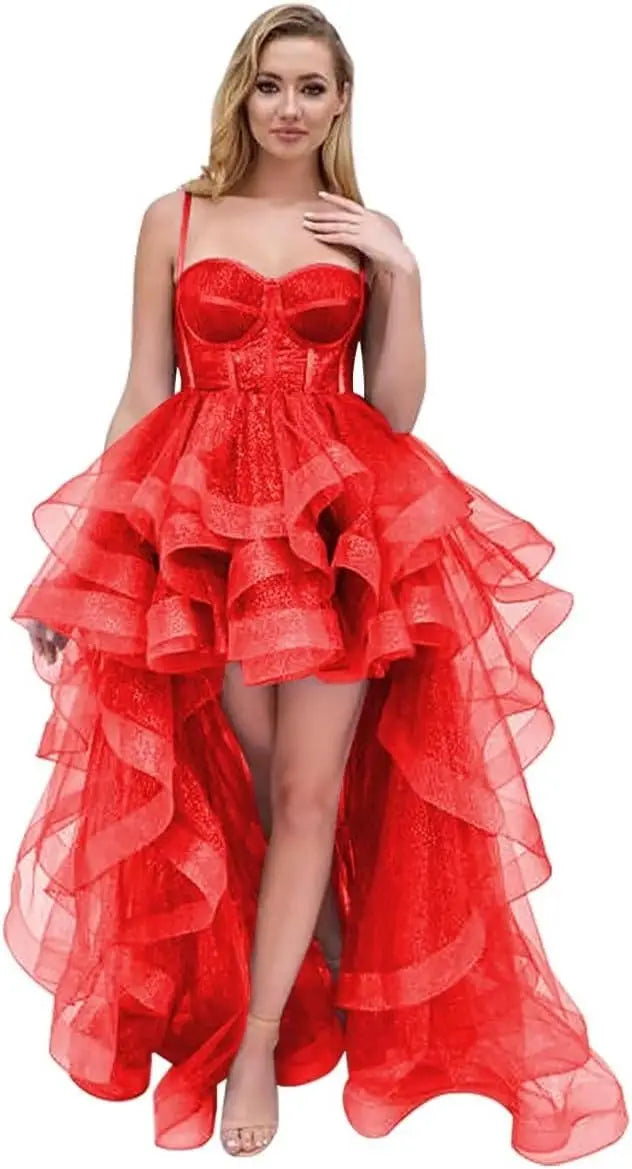 Tulle Prom Dress Spaghetti Straps Ball Gowns High Low Homecoming Dress Layered Ruffles Princess Quinceanera Dresses