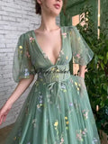 Women's Long Sleeve Flower Embroidery Tulle Prom Dresses Maxi A Line V Neck Fairy Formal Evening Party Gown Bridesmaid Dresses