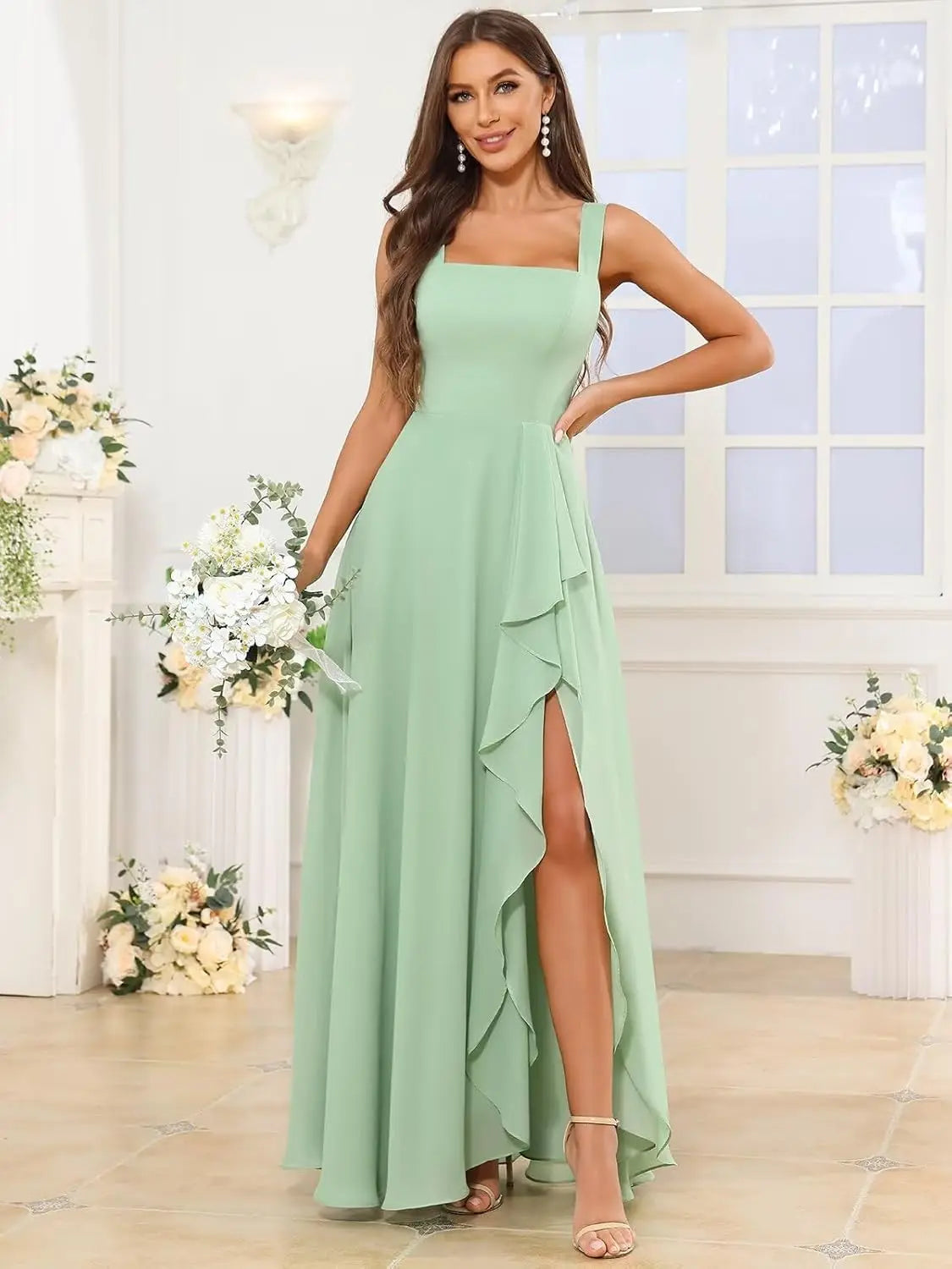 Chiffon Ruffle Bridesmaid Dresses for Women Square Neck Formal Evening Dress with Slit elegant dress women for wedding party