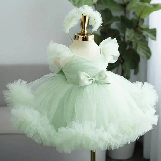 Birthday Party Banquet Holy Communion Gowns Flower Girl Dresses Light Green Tulle Puffy With Bow Sleeveless For Wedding