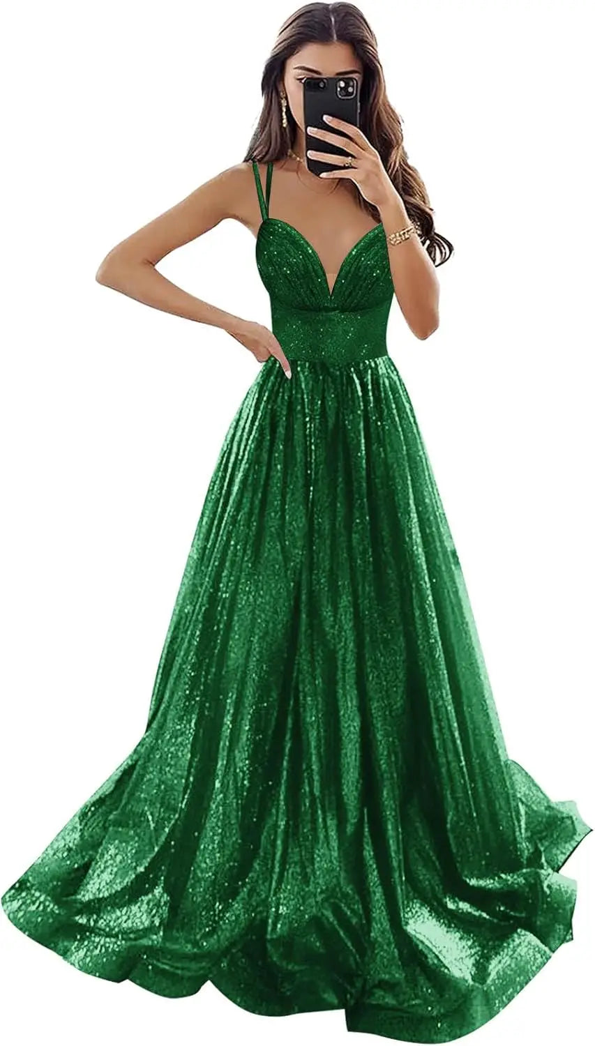 Vestido de fiesta de tul brillante con bolsillos, tirantes finos, corsé fruncido, largo, formal, para noche, vestidos de fiesta para mujer, noche 