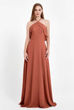 Glamour Chiffon Bridesmaid Dress A Line Sleeveless Ruffles Formal Evening Dresses Gowns