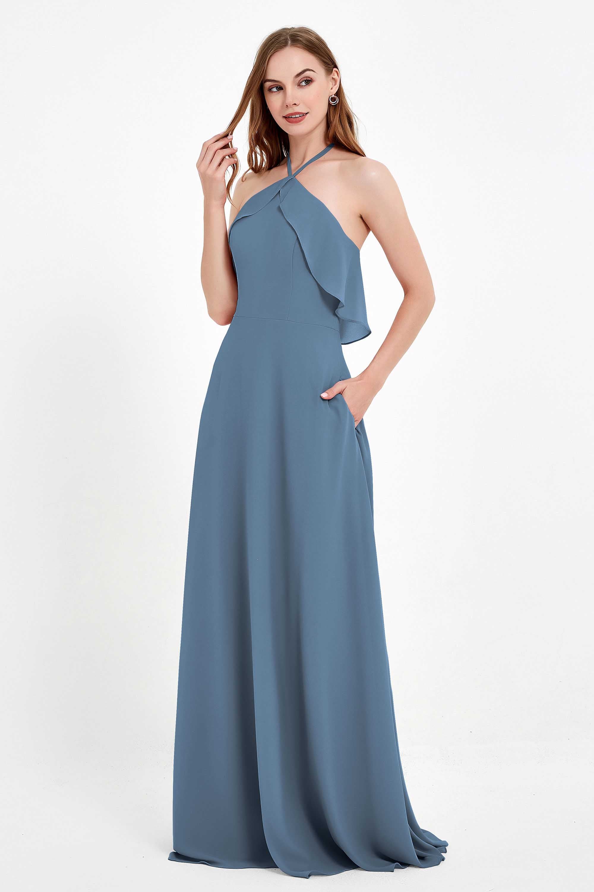 Glamour Chiffon Bridesmaid Dress A Line Sleeveless Ruffles Formal Evening Dresses Gowns