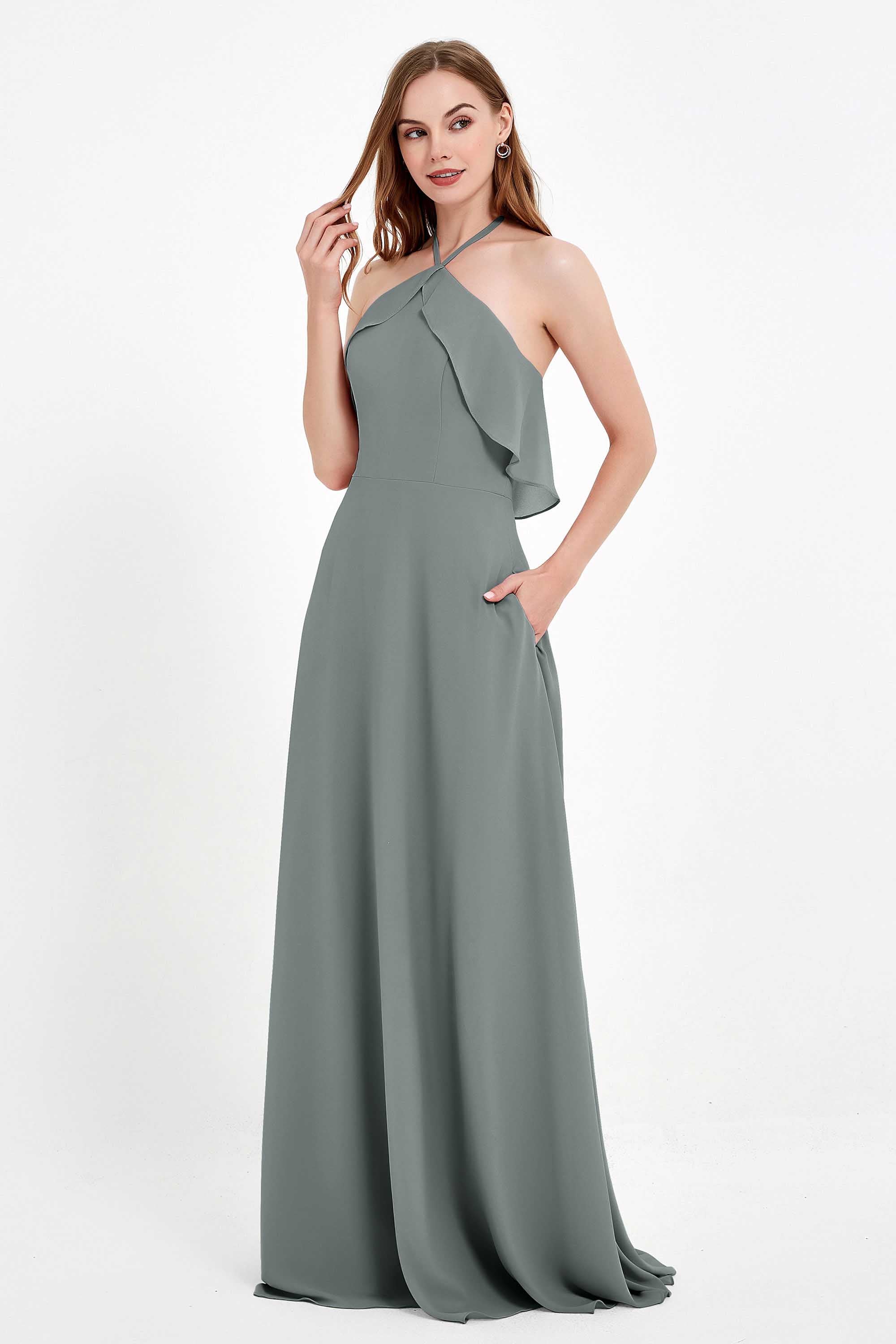Glamour Chiffon Bridesmaid Dress A Line Sleeveless Ruffles Formal Evening Dresses Gowns