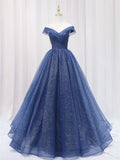Shiny Off Shoulder Navy Blue Tulle Navy Blue Formal Graduation Evening Dresses