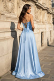 A Line Black Strapless Satin Prom Dresses With Slit