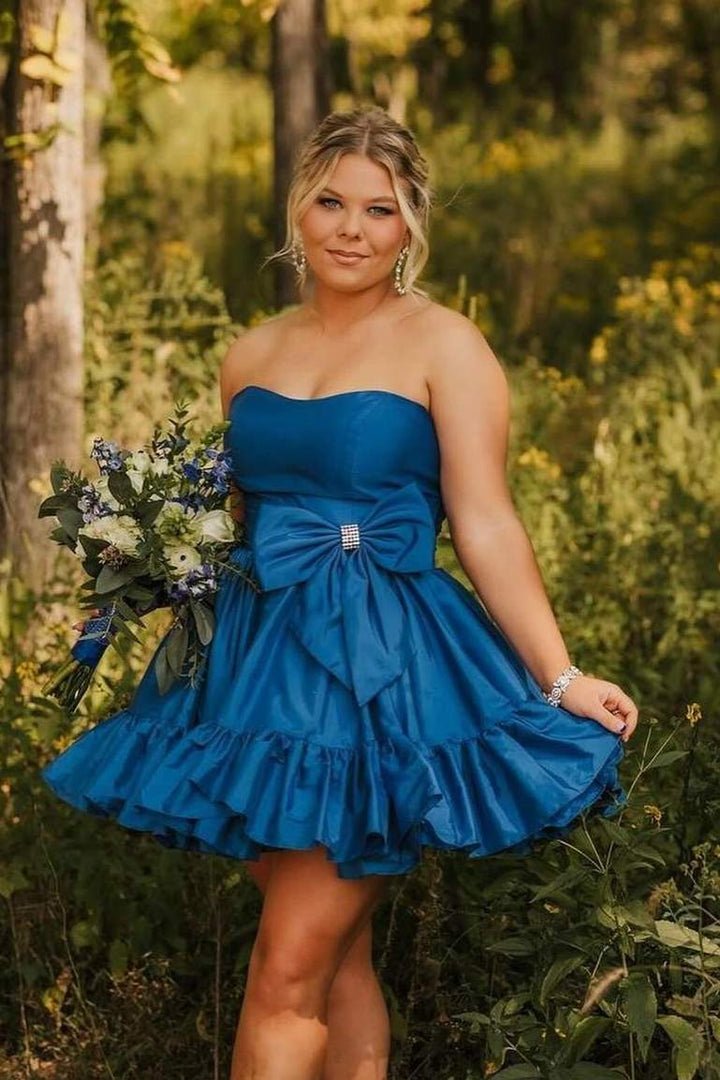 Pink Strapless Ruffle Homecoming Dress with Bow