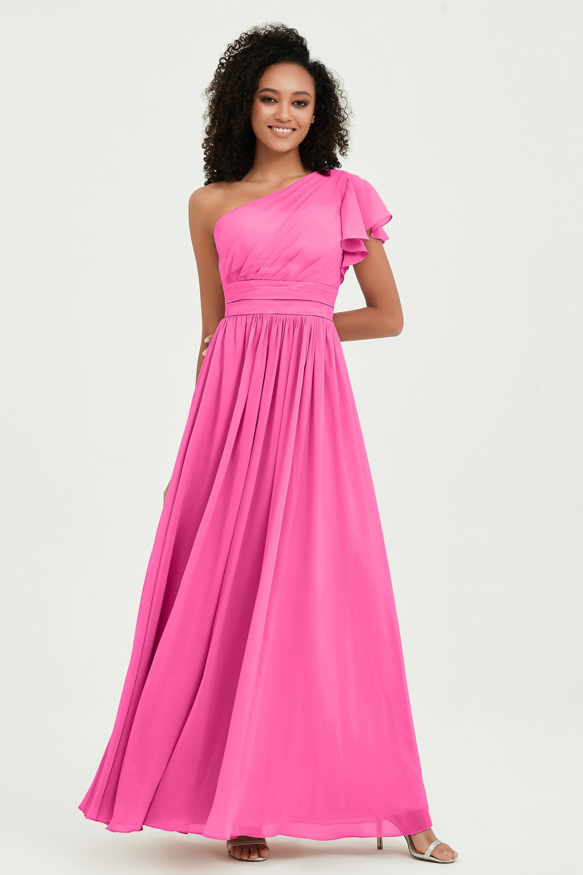 One Shoulder Flutter Sleeves Chiffon Bridesmaid Dress Plus Size Formal Evening Dresses