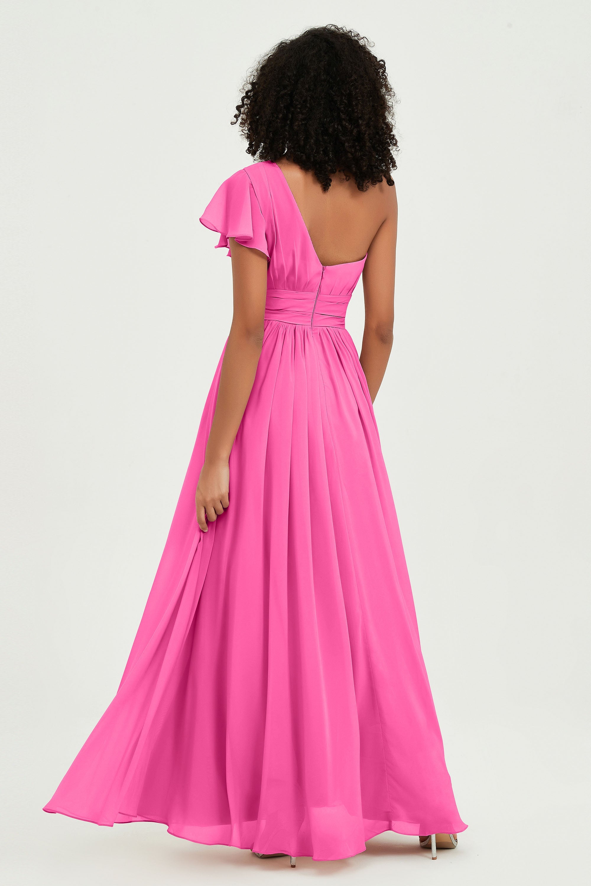 One Shoulder Flutter Sleeves Chiffon Bridesmaid Dress Plus Size Formal Evening Dresses