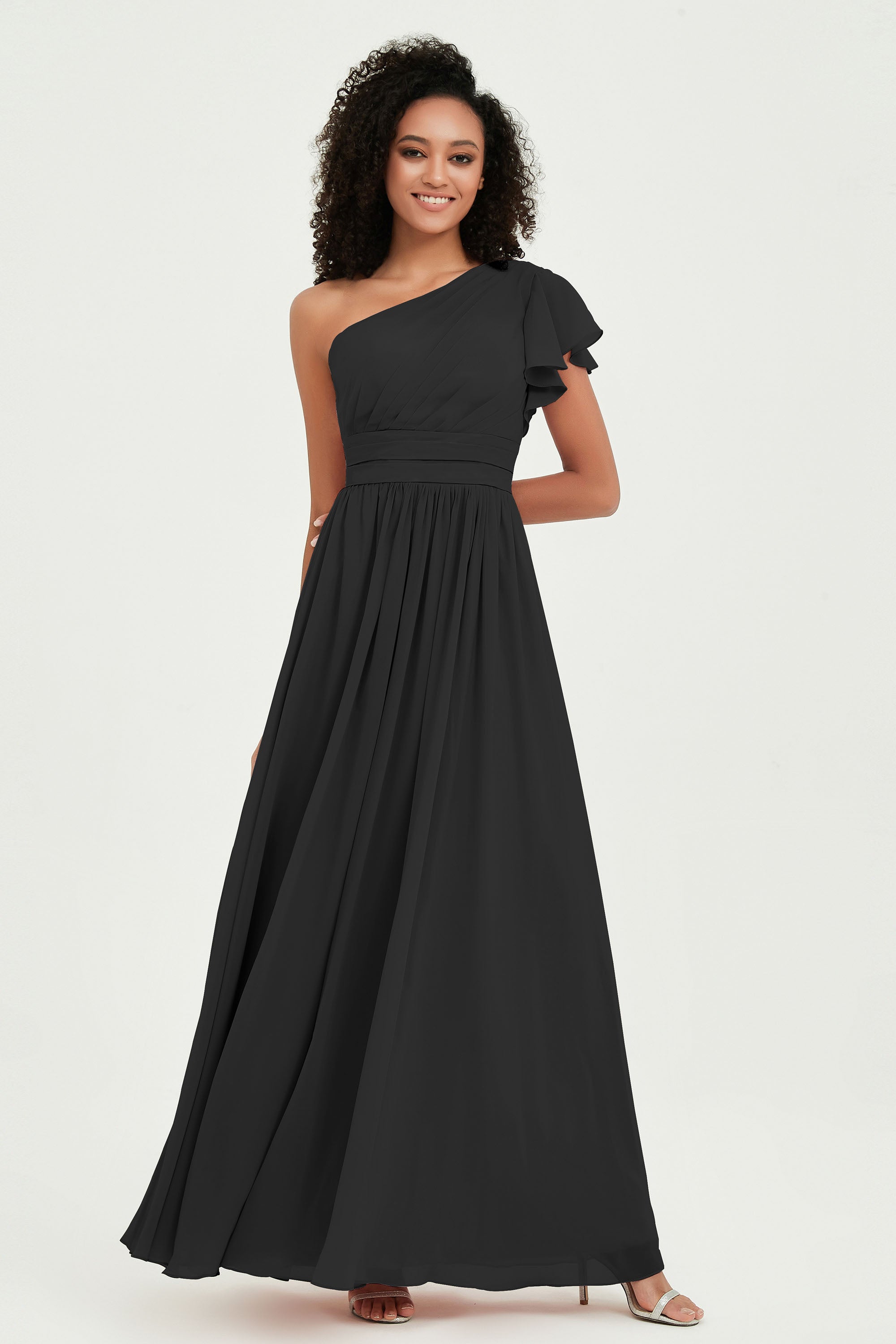 One Shoulder Flutter Sleeves Chiffon Bridesmaid Dress Plus Size Formal Evening Dresses