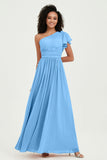 One Shoulder Flutter Sleeves Chiffon Bridesmaid Dress Plus Size Formal Evening Dresses