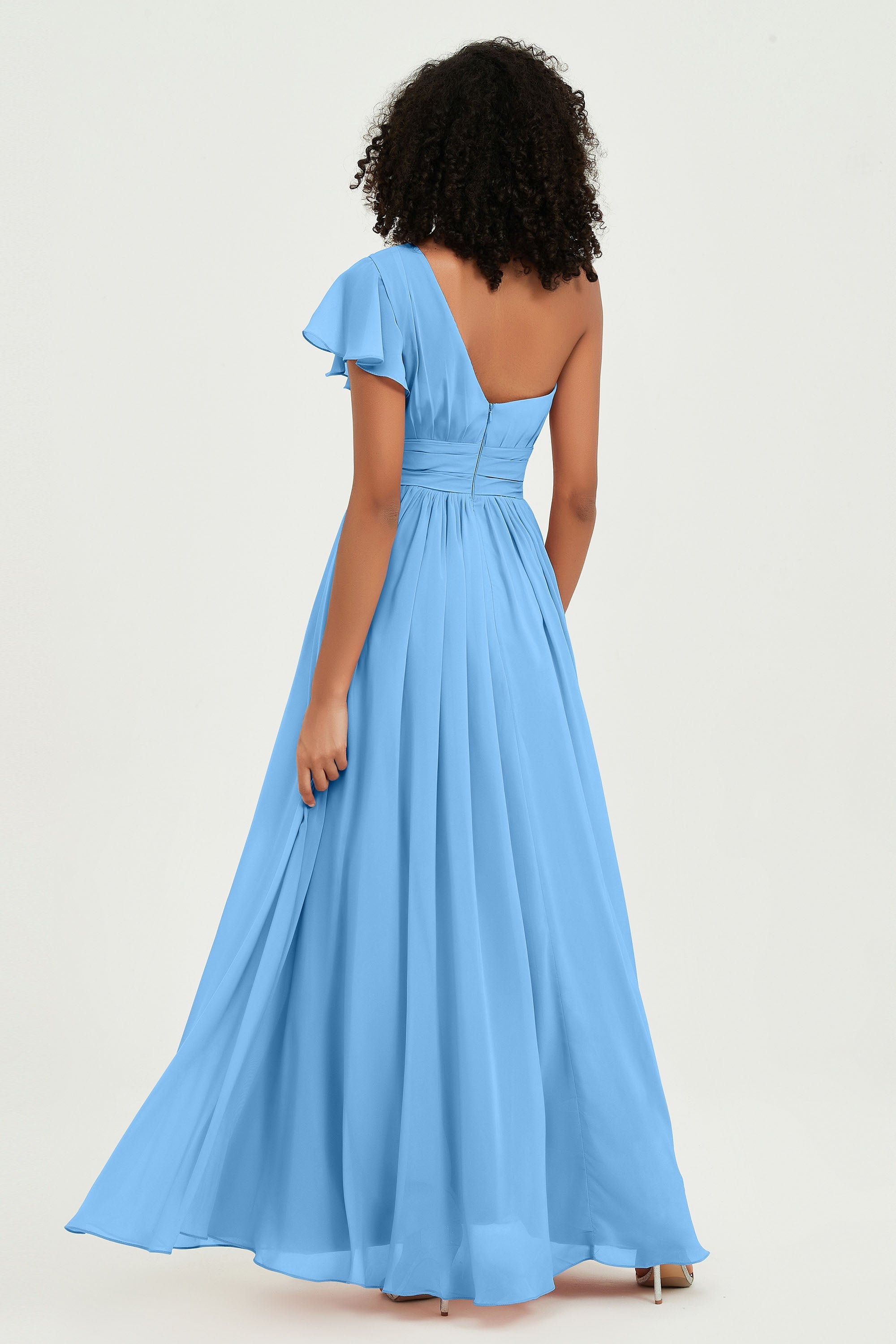 One Shoulder Flutter Sleeves Chiffon Bridesmaid Dress Plus Size Formal Evening Dresses