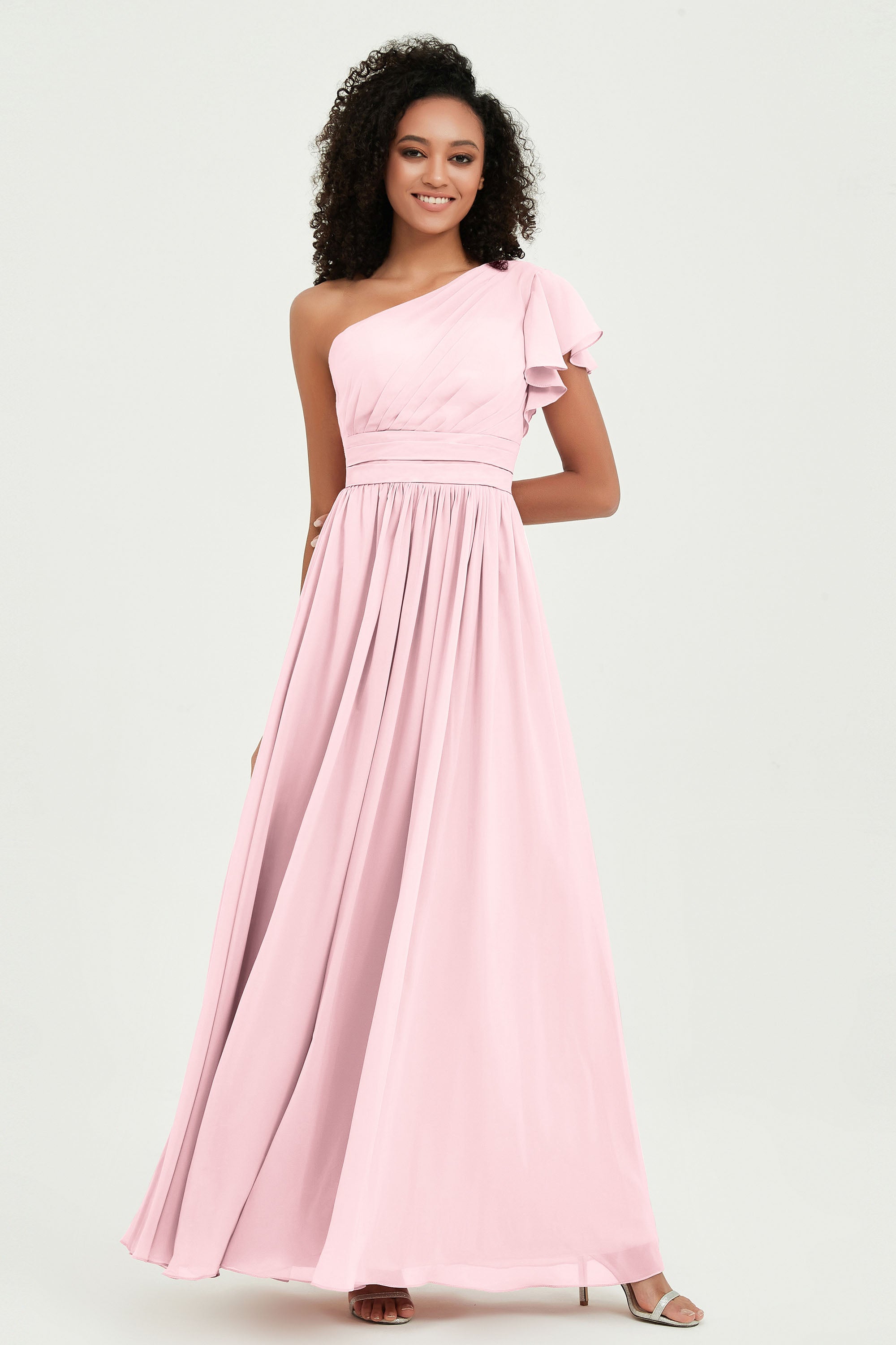 One Shoulder Flutter Sleeves Chiffon Bridesmaid Dress Plus Size Formal Evening Dresses