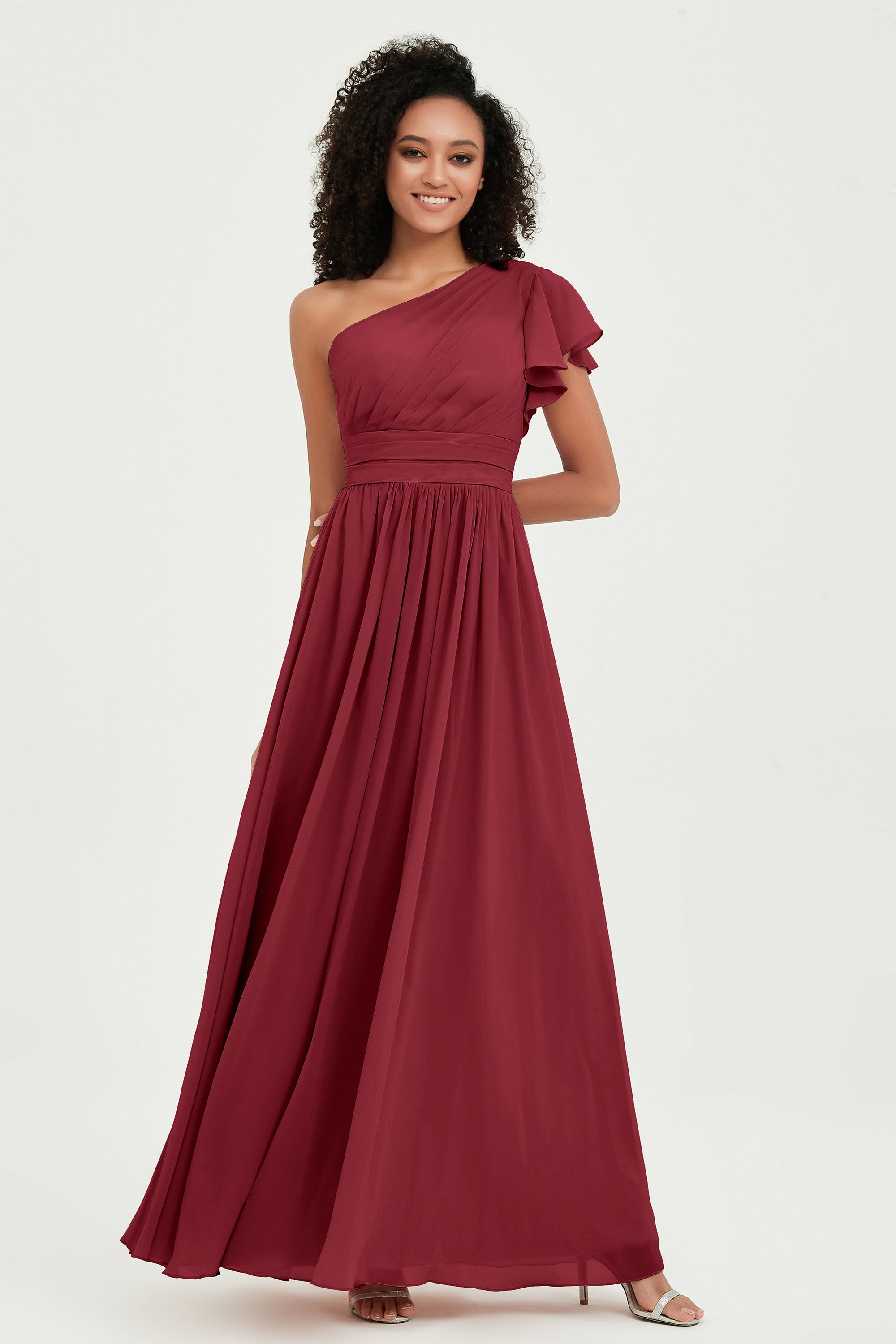 One Shoulder Flutter Sleeves Chiffon Bridesmaid Dress Plus Size Formal Evening Dresses
