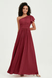 One Shoulder Flutter Sleeves Chiffon Bridesmaid Dress Plus Size Formal Evening Dresses