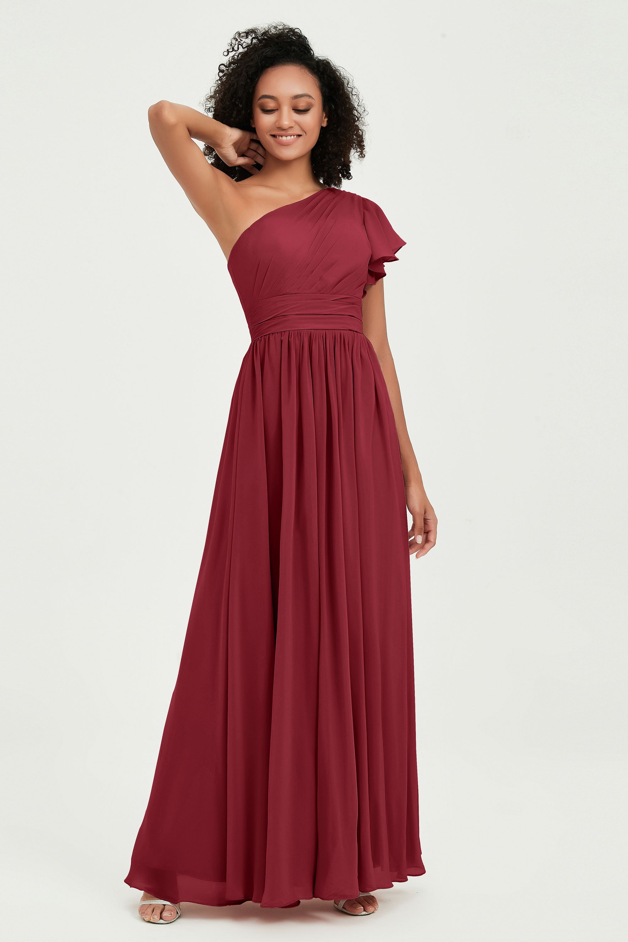 One Shoulder Flutter Sleeves Chiffon Bridesmaid Dress Plus Size Formal Evening Dresses