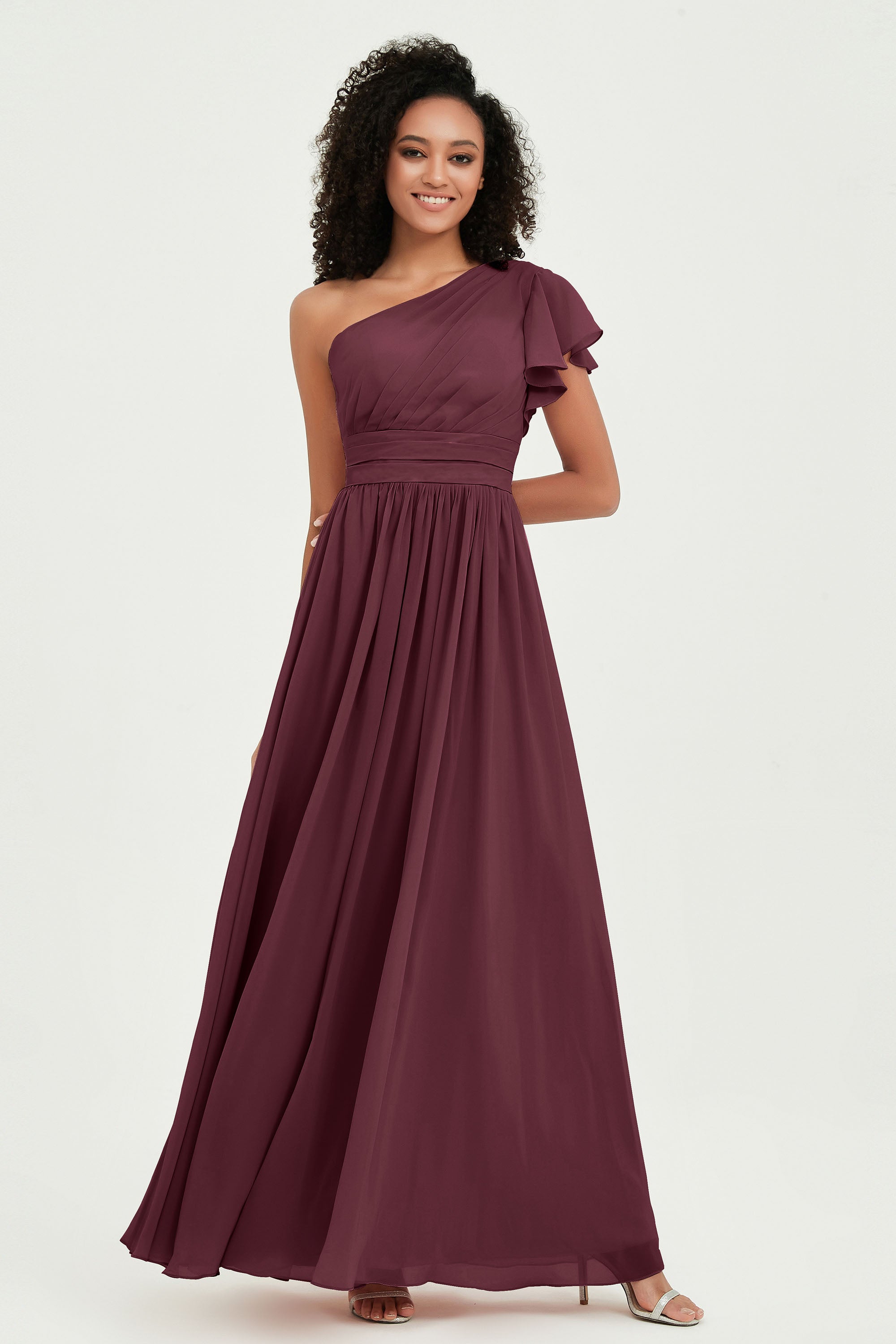 One Shoulder Flutter Sleeves Chiffon Bridesmaid Dress Plus Size Formal Evening Dresses