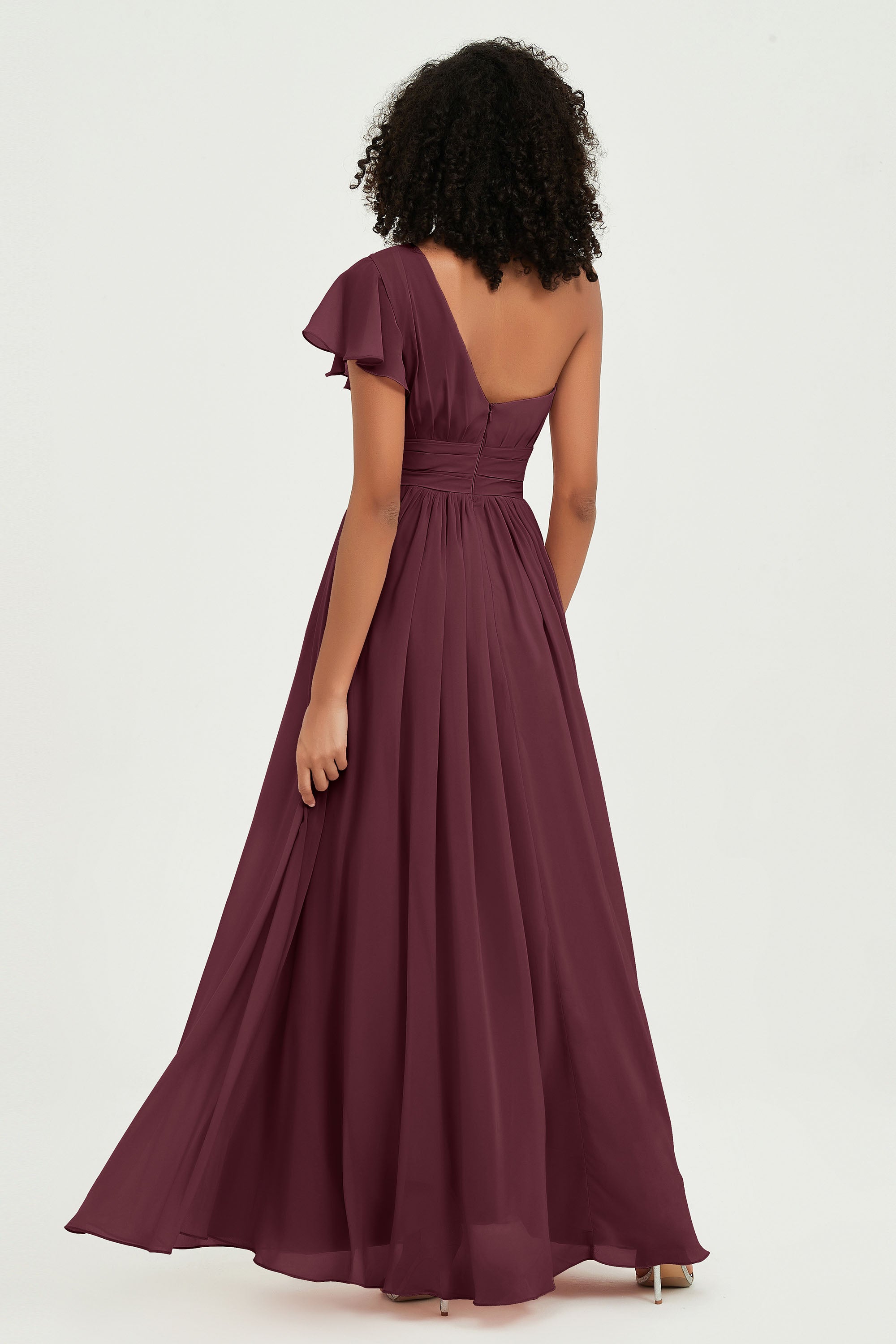 One Shoulder Flutter Sleeves Chiffon Bridesmaid Dress Plus Size Formal Evening Dresses