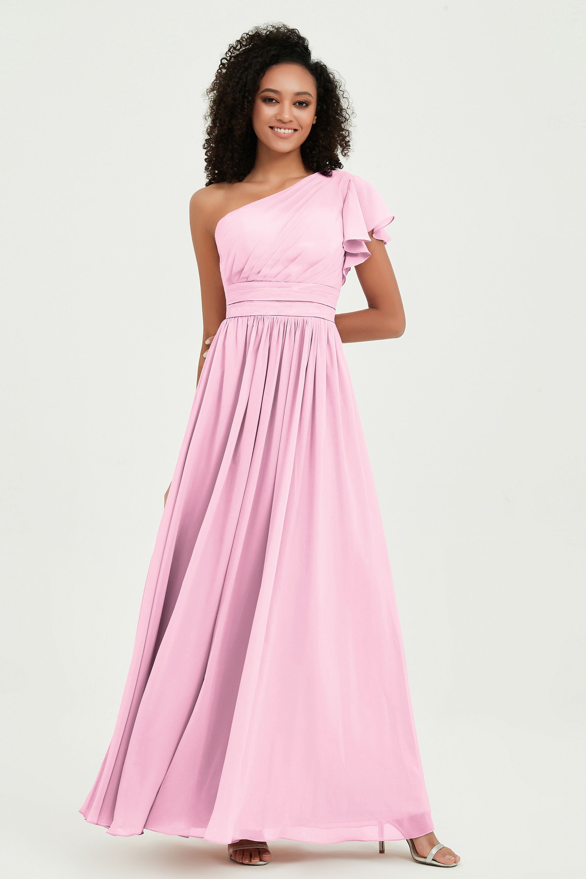 One Shoulder Flutter Sleeves Chiffon Bridesmaid Dress Plus Size Formal Evening Dresses