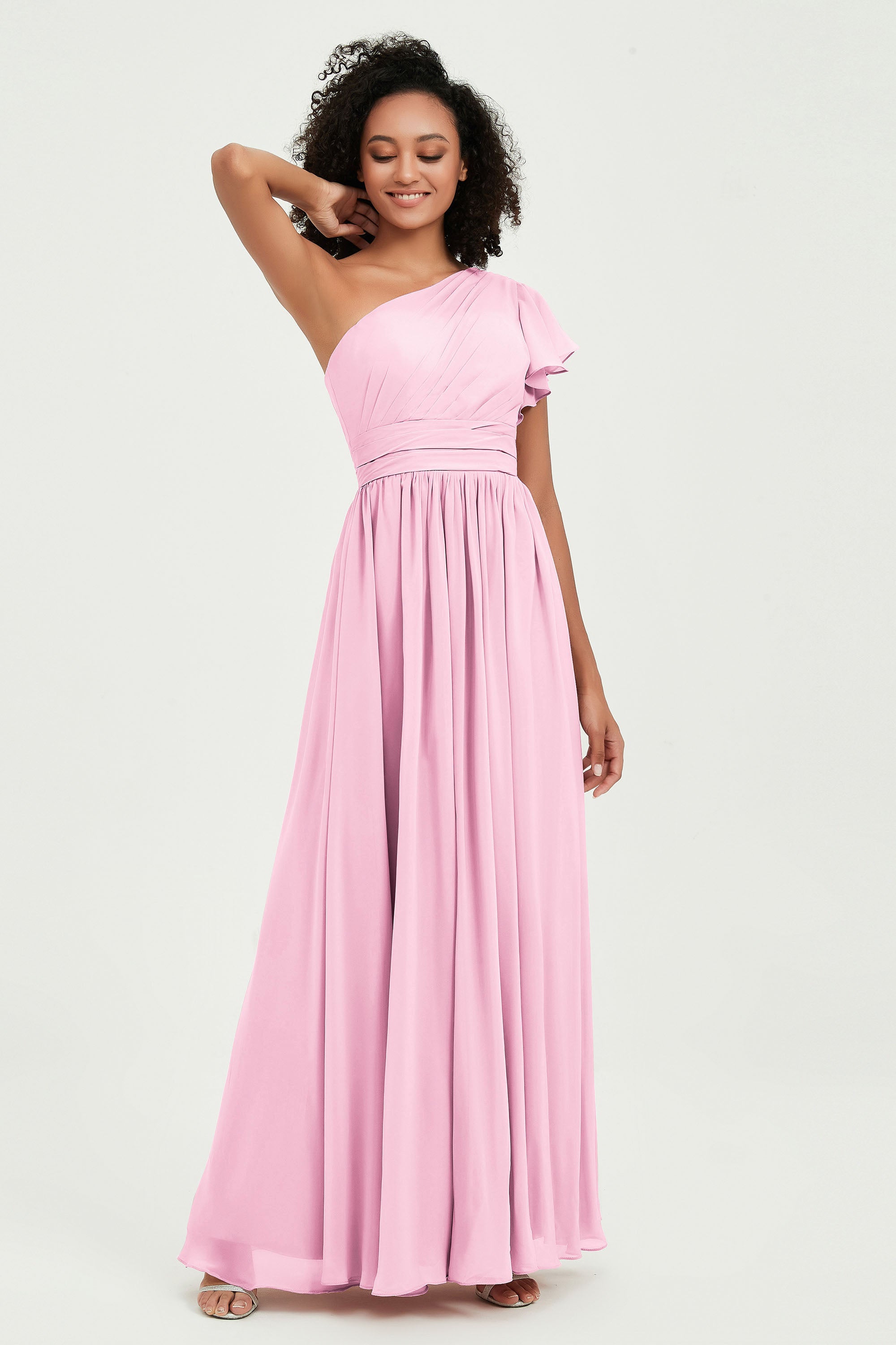 One Shoulder Flutter Sleeves Chiffon Bridesmaid Dress Plus Size Formal Evening Dresses