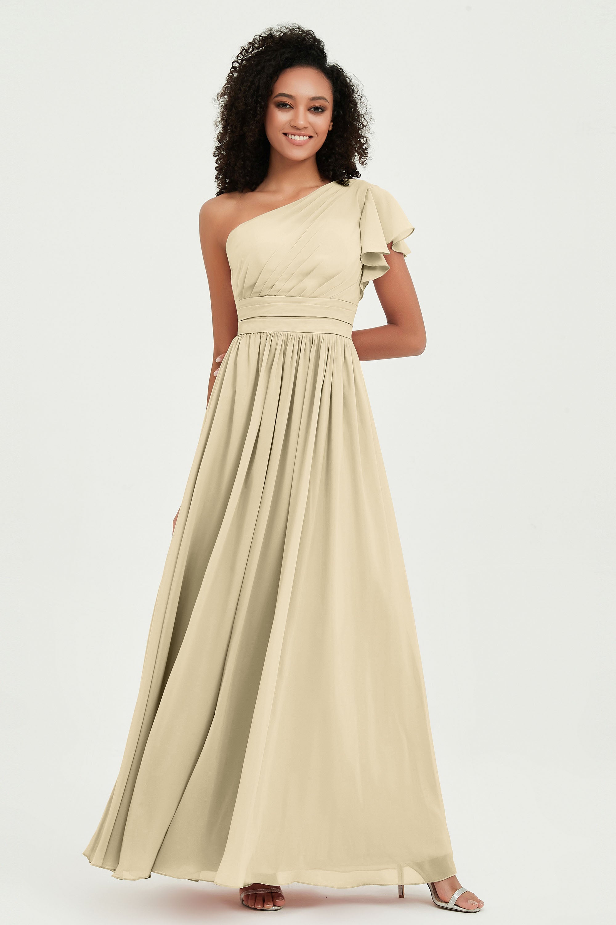 One Shoulder Flutter Sleeves Chiffon Bridesmaid Dress Plus Size Formal Evening Dresses