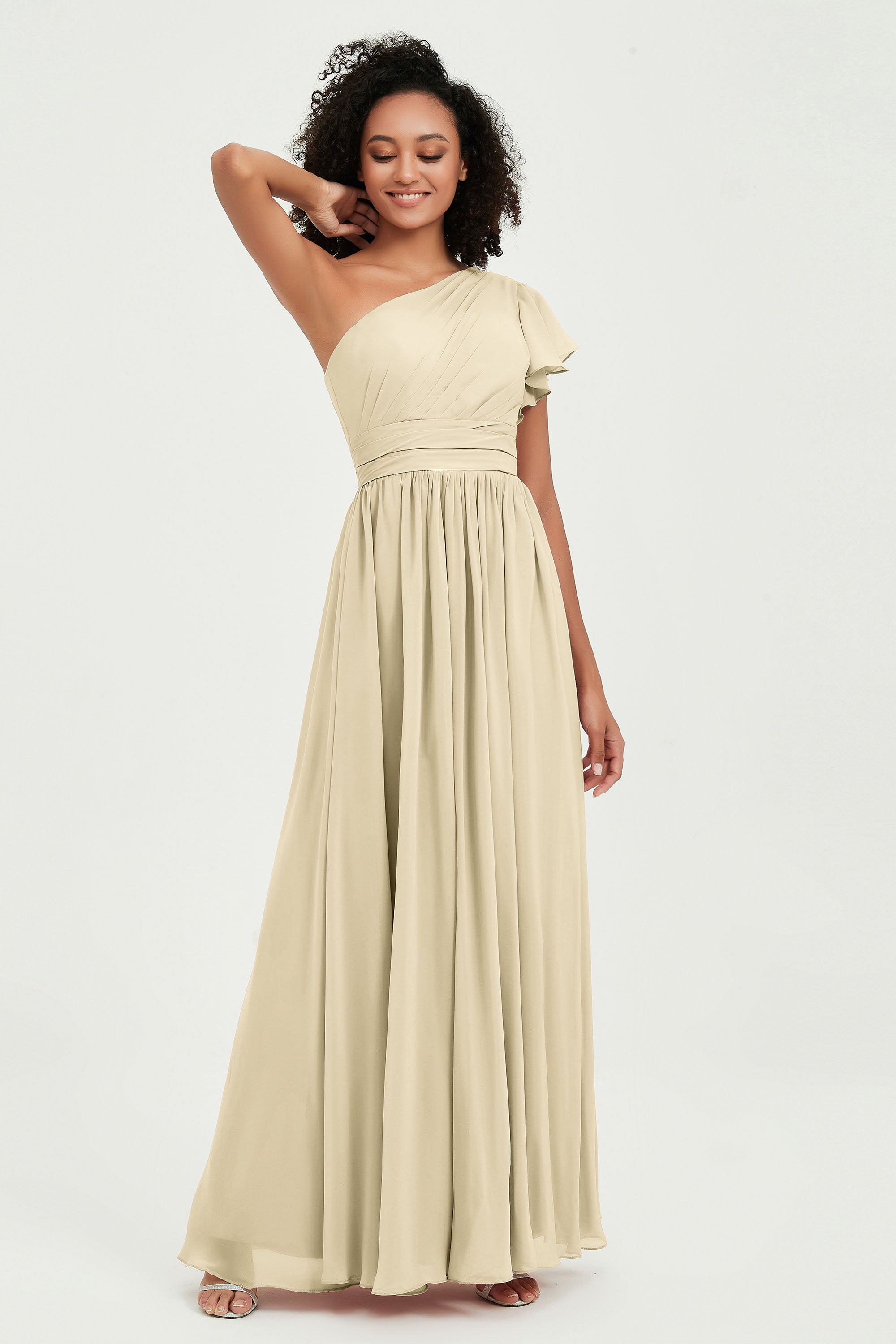 One Shoulder Flutter Sleeves Chiffon Bridesmaid Dress Plus Size Formal Evening Dresses