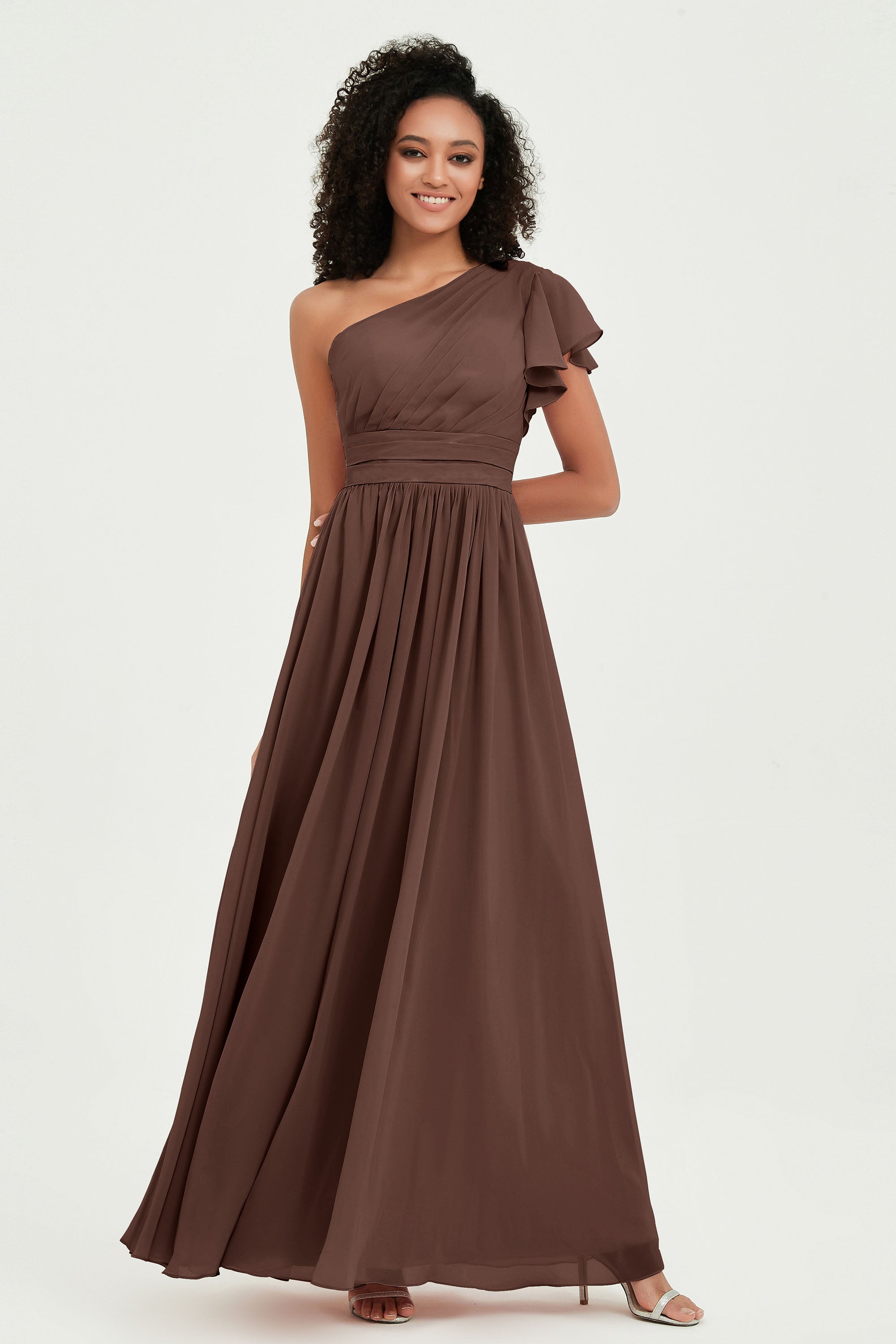 One Shoulder Flutter Sleeves Chiffon Bridesmaid Dress Plus Size Formal Evening Dresses