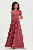 One Shoulder Flutter Sleeves Chiffon Bridesmaid Dress Plus Size Formal Evening Dresses
