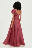 One Shoulder Flutter Sleeves Chiffon Bridesmaid Dress Plus Size Formal Evening Dresses