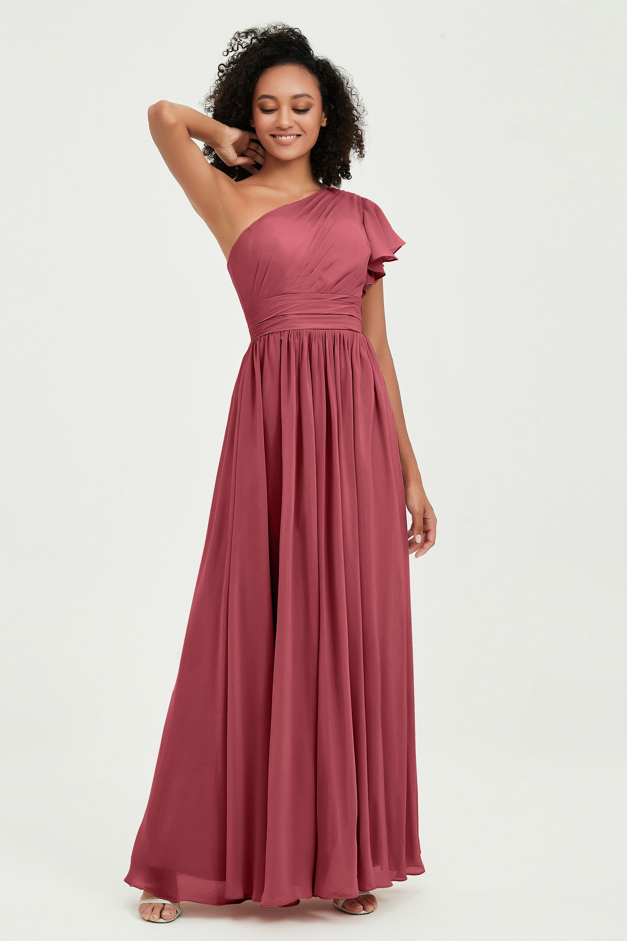 One Shoulder Flutter Sleeves Chiffon Bridesmaid Dress Plus Size Formal Evening Dresses