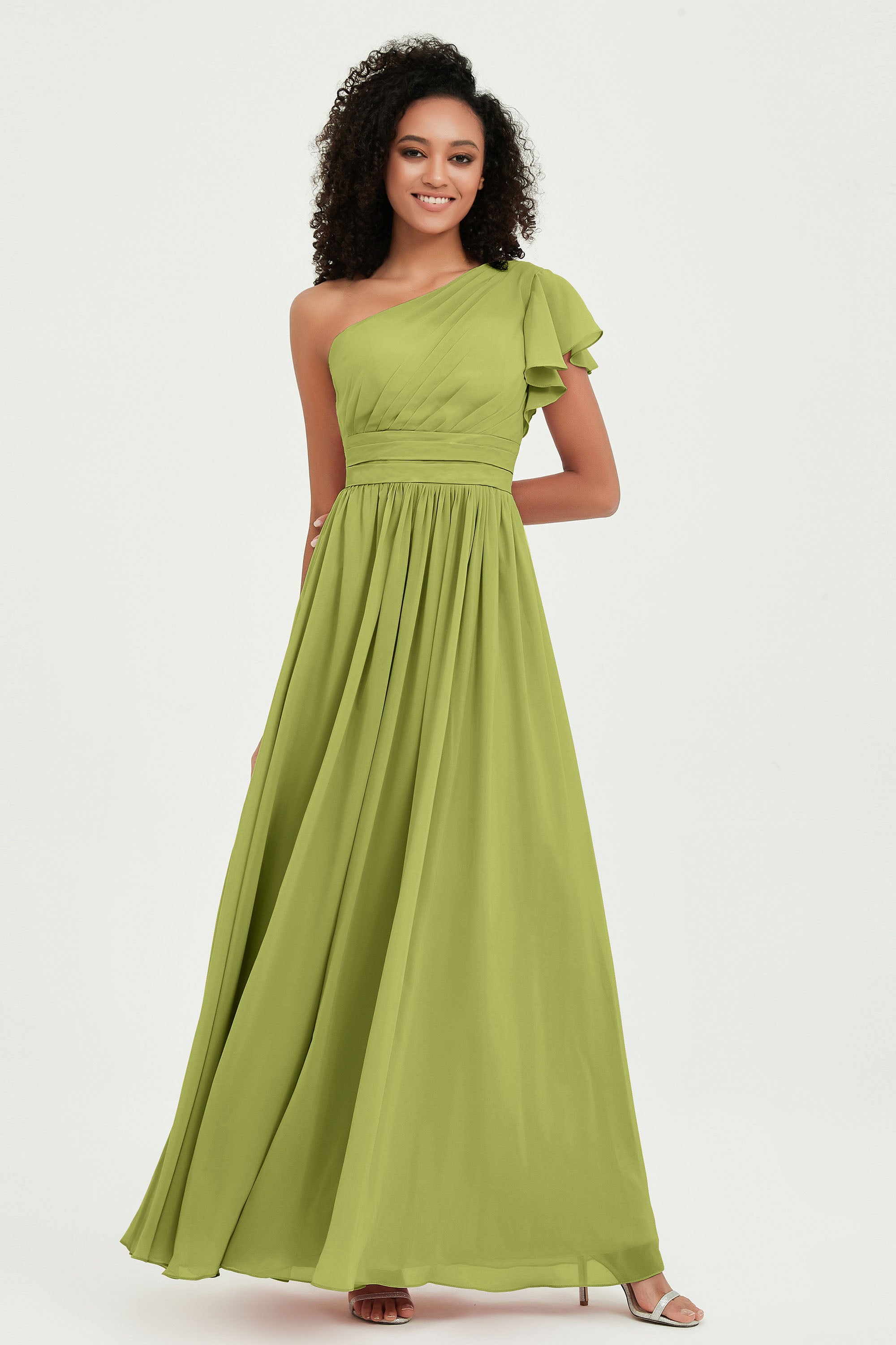 One Shoulder Flutter Sleeves Chiffon Bridesmaid Dress Plus Size Formal Evening Dresses